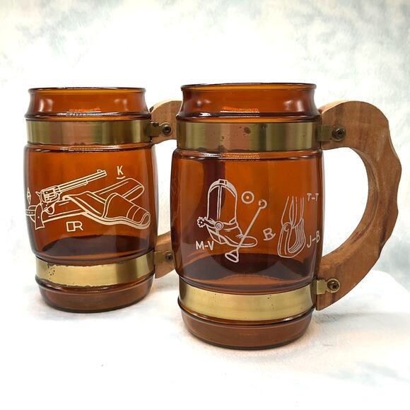 VTG Siesta Ware Amber Brown Cowboy Barrel Beer Mug Wood Handle 2 - Picture 1 of 14